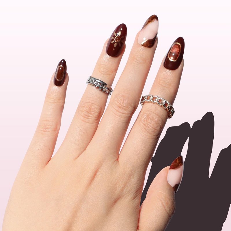 Nail Reformation Press On Nails, Sun Stone | Medium Almond Fake Nails with 3D Golden Shimmer on Amber Glow Base in Glossy Finish, Reusable Stick On Nails in 15 Sizes - 30 Nail Kit for Women Gifts