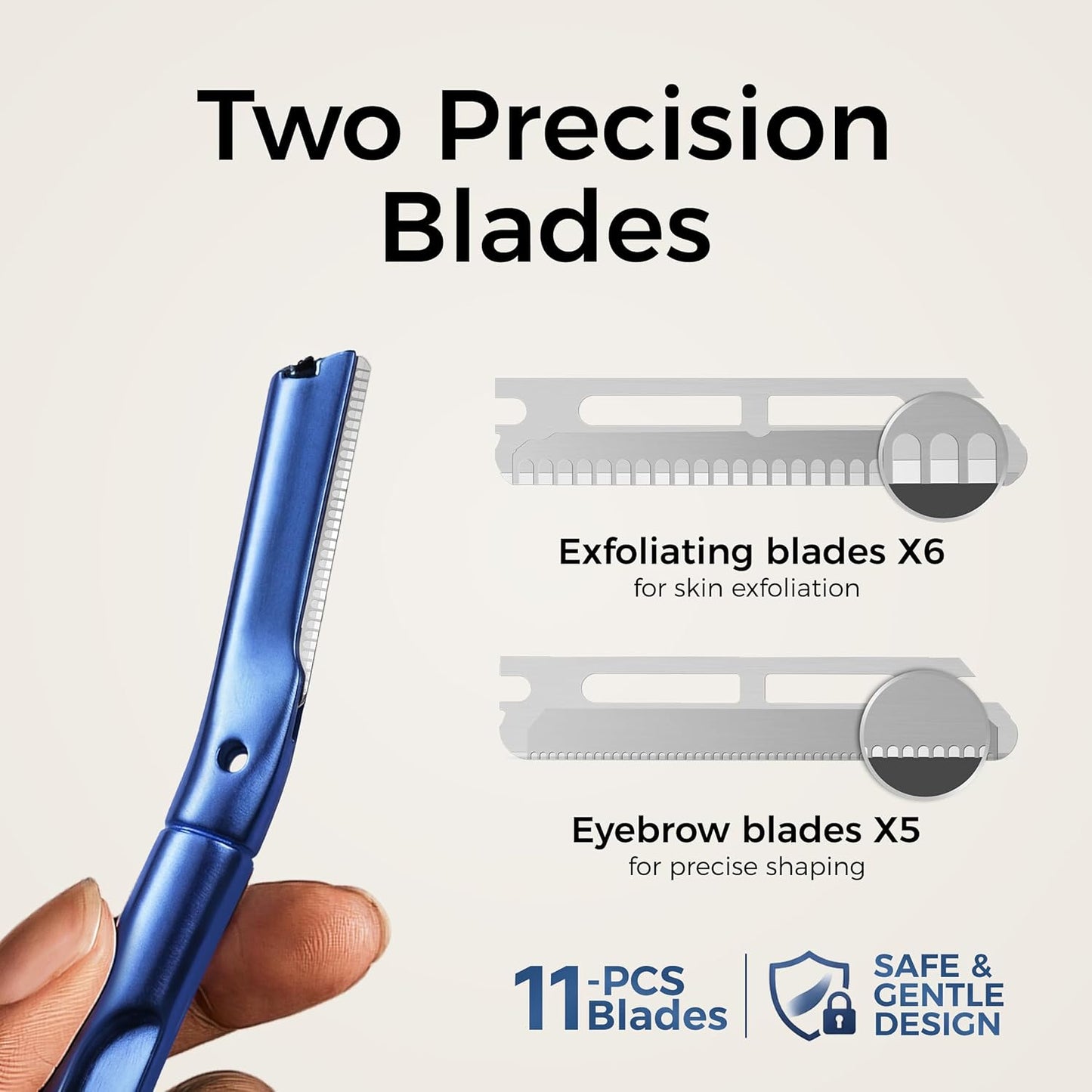 ZOMCHI Dermaplane Razor Set - Reusable Eyebrow Trimmer with 11 Blades & Protective Cap | Matte Blue