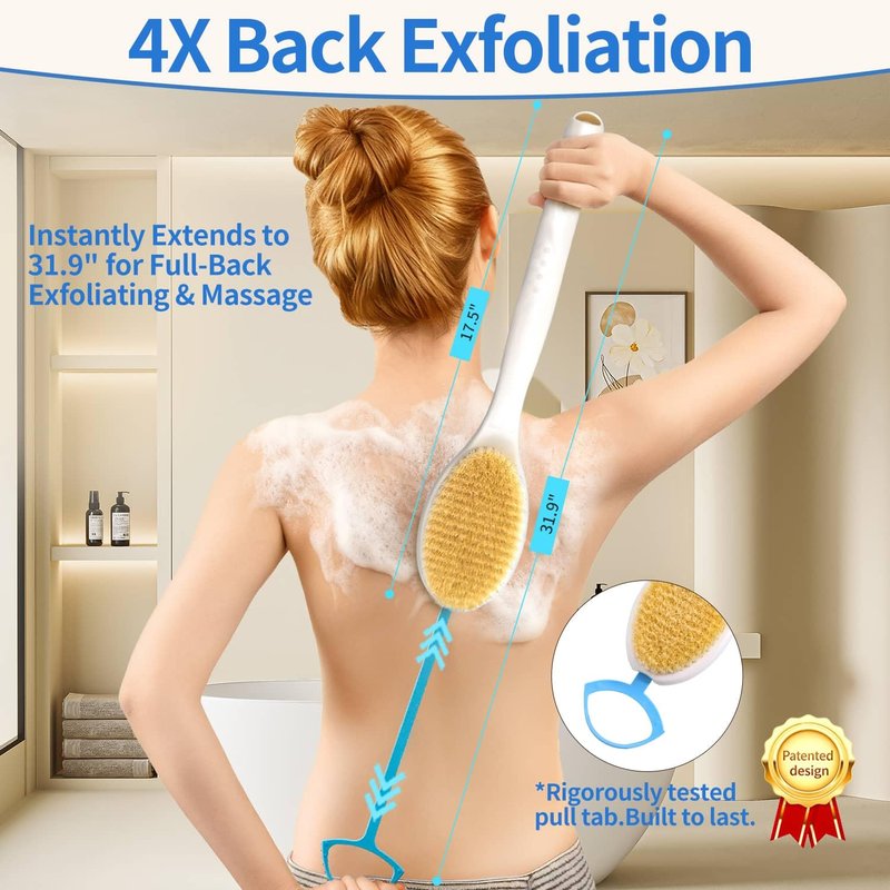 BUBBLEDANCE® Back Scrubber for Shower with Extendable Long Handle (17.5-31.9"), Dual-Sided Shower Brush with Natural Stiff & Soft Bristles, Anti-Slip Body Exfoliator for Bath & Dry Brushing