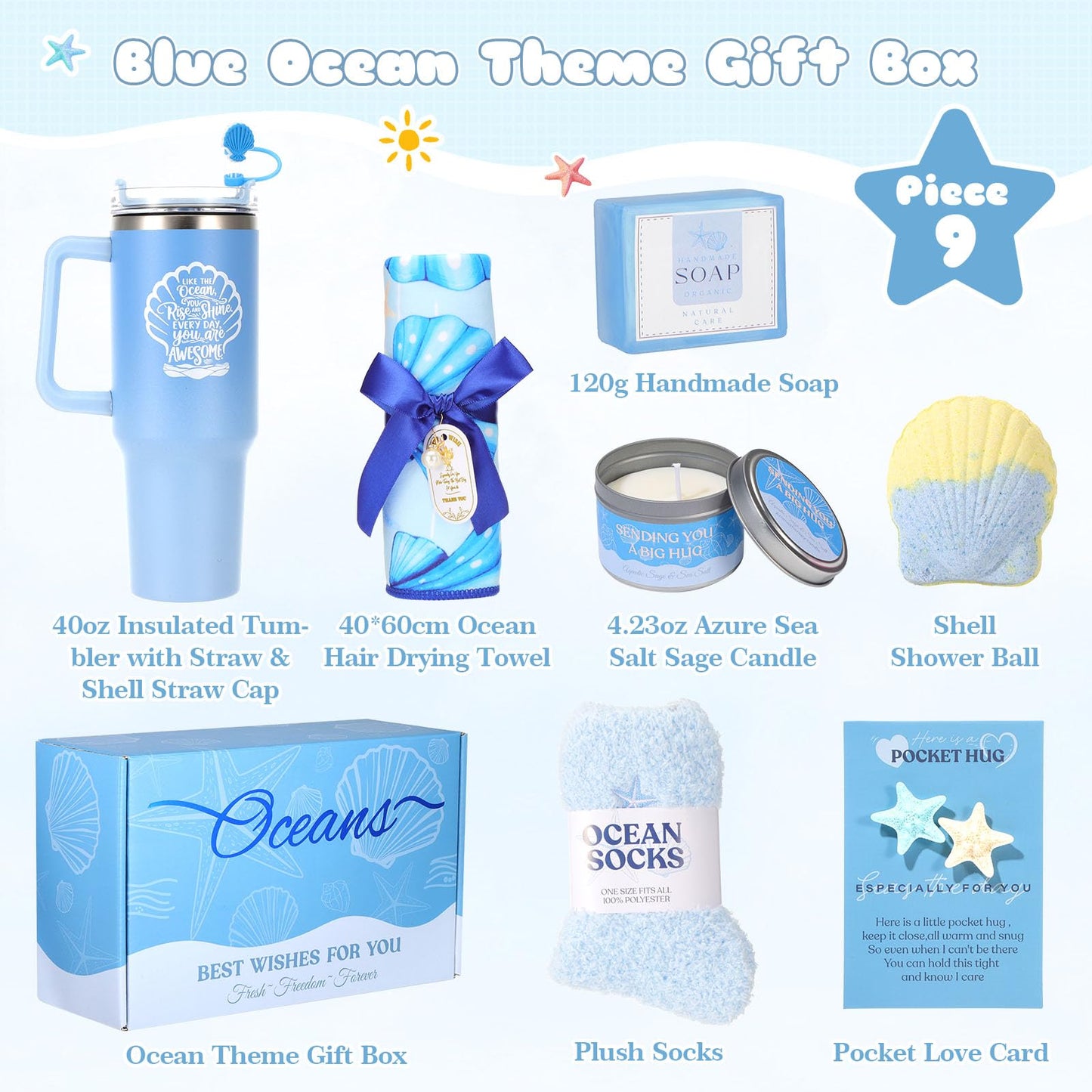 Ocean Gift Baskets for Women, Blue Self Care Spa Gift Set with 40oz Tumbler, Birthday Gift for Women Her Mom Wife Friend, Get Well Soon Gifts, Relaxation Gift Care Package for Women