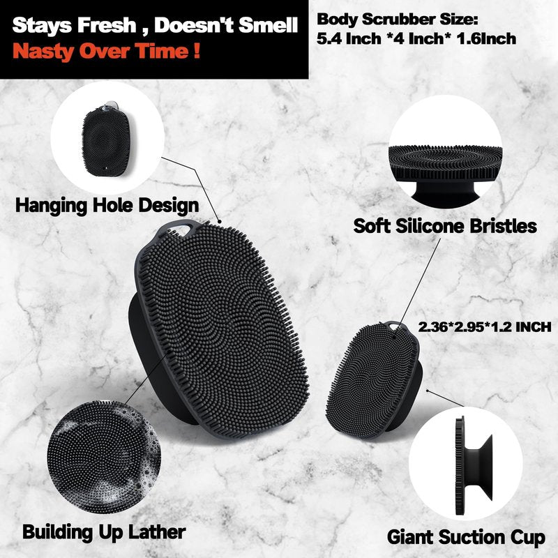 ARIOSOX, Soft Silicone Body Scrubber, Face Scrubber Silicone, Gentle Texture Exfoliating Body Scrubber for Men and Women On Sensitive Skin, Back Large Suction Cup for Easy Dry and Store (Black)