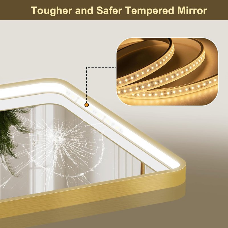 LED Bathroom Mirror - 24x32 Inch Gold Metal Framed Lighted Vanity Mirror | Dimmable, Anti-Fog, 3 Colors