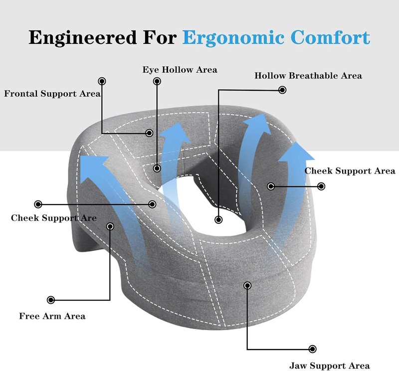 Skiennix Ergonomic Face Down Pillow - Memory Foam Design for Prone Sleepers & Spa Use | Grey