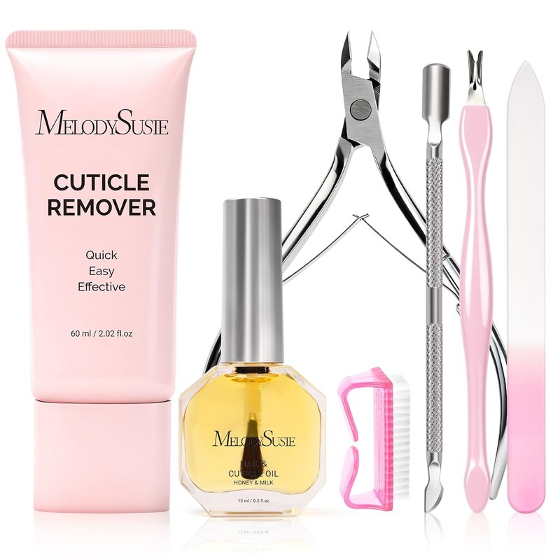 MelodySusie Cuticle Remover Kit - 60g Cream, 15ml Oil, Trimmer & Nail File for Perfect Manicure