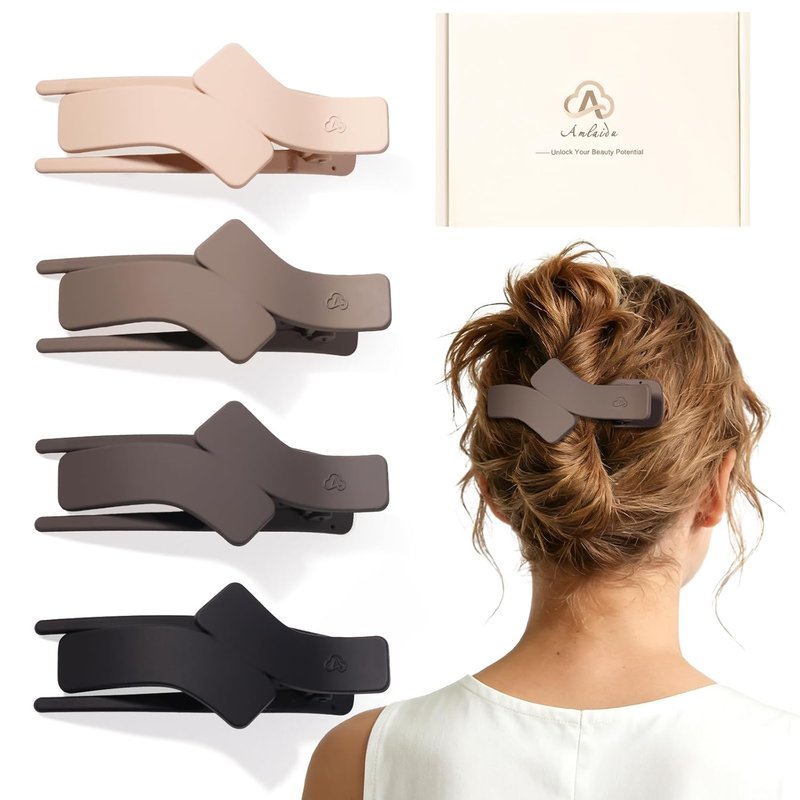 Skiennix Medium Flat Hair Clips - Strong Hold French Claw Clips for All Hair Types | 4 Pcs in Beige, Brown, Black