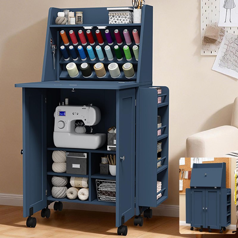 Foldable Sewing Cabinet with Power Outlet, Rolling Sewing Table with Storage and Lockable Wheels, Portable Folding Craft Table with Side Thread & Tool Storage for Quilting & Home Sewing (Blue)