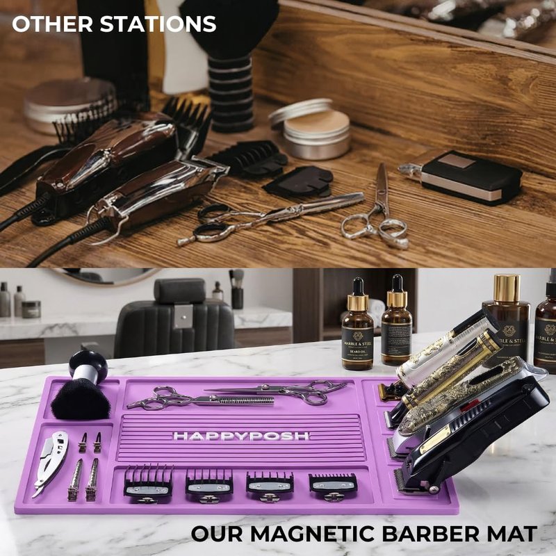 HAPPYPOSH Magnetic Barber Mat,Magnetic Barber Mats For Clippers and Supplies, Barbershop Pad for Station, Beauty Salon Table Matt, Tool Organizer for Pro Hairstylist,Purple