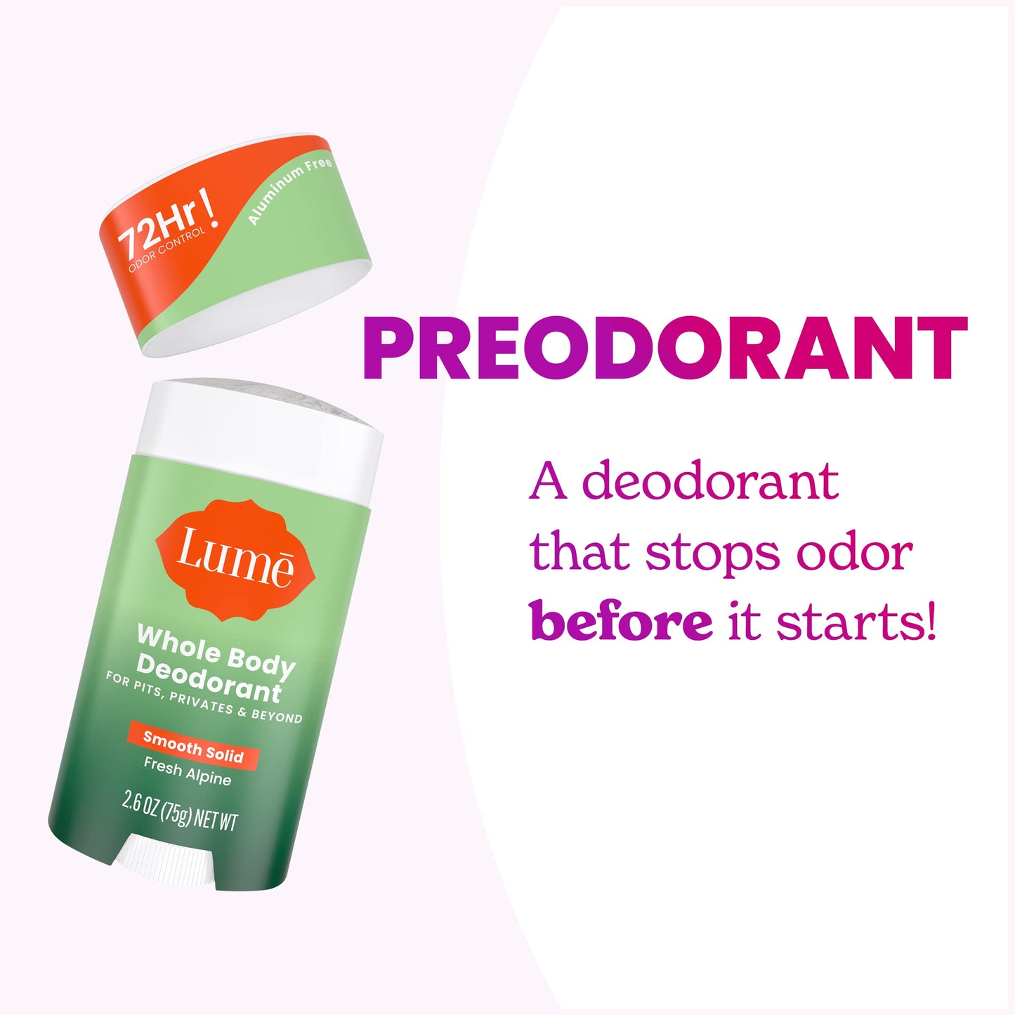 Lume Whole Body Deodorant - Smooth Solid Stick - 72 Hour Odor Control - Doctor Developed - Aluminum Free, Baking Soda Free and Skin Loving - 2.6 Ounce (Pack of 2) (Fresh Alpine)