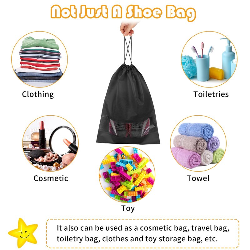 Large Black Travel Shoe Bags - 5 Pcs with Clear Window, Non-Woven Drawstring, 12.6" X 17.3" for Men Women