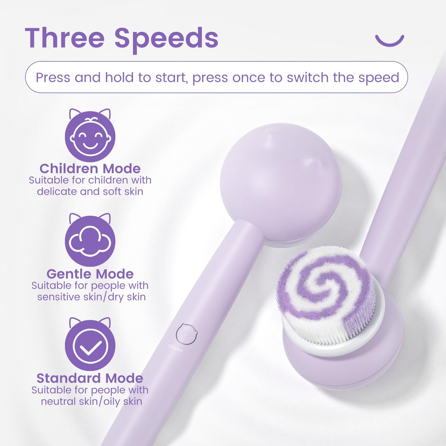 Oh,XIYU. Electric Back Scrubber for Shower Body Brush, Waterproof Shower Body Scrubber for Cleansing, Massaging, Rechargeable Bath Brush for Kids & Adults with 2 Heads & 3 Speed Modes, Taro Purple XY0