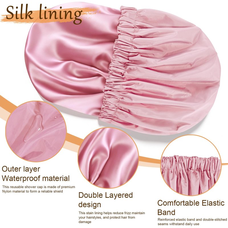 Doitory Shower Cap for Women, Reusable Waterproof Shower Cap Satin Lined with Soft Elastic Band, Large Washable Bath Caps(Pink)