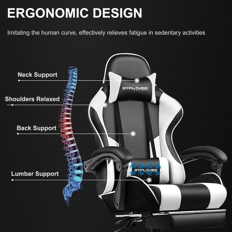 GTPLAYER Gaming Chair - Height Adjustable Computer Chair with Footrest & Lumbar Support | Pearl White