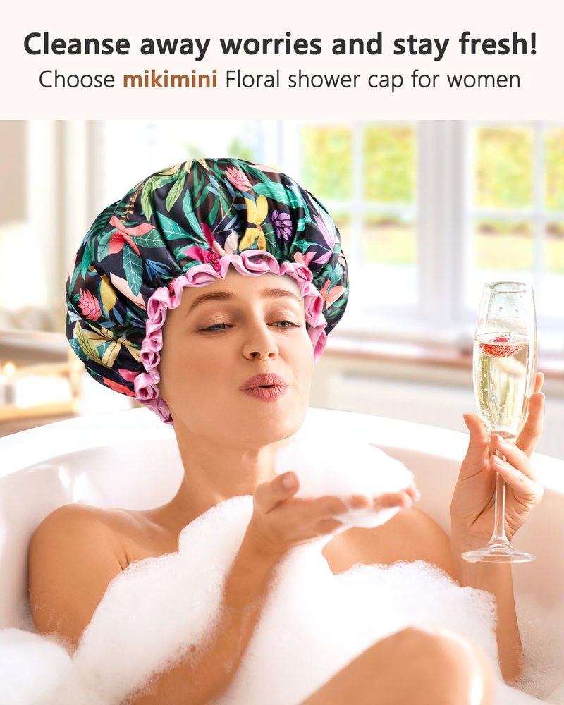 mikimini Large Shower Cap for Women Long Hair, Rainforest Bath Shower Caps with Pink Lace, Reusable Waterproof Shower Hat for Girls