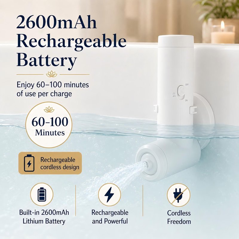 Rechargeable Bath Jets for Tub, Impact Force 65 kPa Bath Jet Spa, Bubble and Flow-Massage Two Mode, Adjustable Speed, Cordless Portable Bathtub Jet for Relaxing Daily Use at Home, White