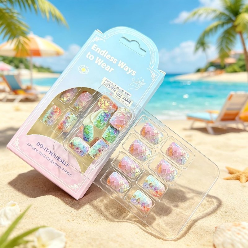 Mermaid Press-On Nails - Short Square Gradient Colorful Fake Nails with 3D Fish Scales | 24Pcs Glossy Reusable Summer Vacation Manicure