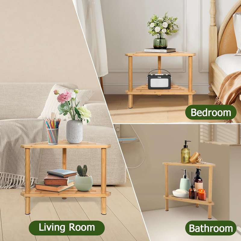 Shower Foot Rest - Waterproof Bamboo Shower Stool for Shaving Legs | 15in Corner Design with Storage Shelf