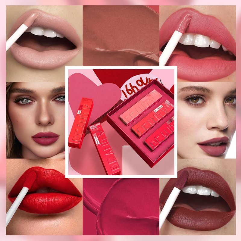 3 Colors Matte Liquid Lipstick Set,Velvet Smooth Nude Lip Gloss,Waterproof Moisturizing Long Lasting Highly Pigmented Matte Lip Stain with Gift Box (A)