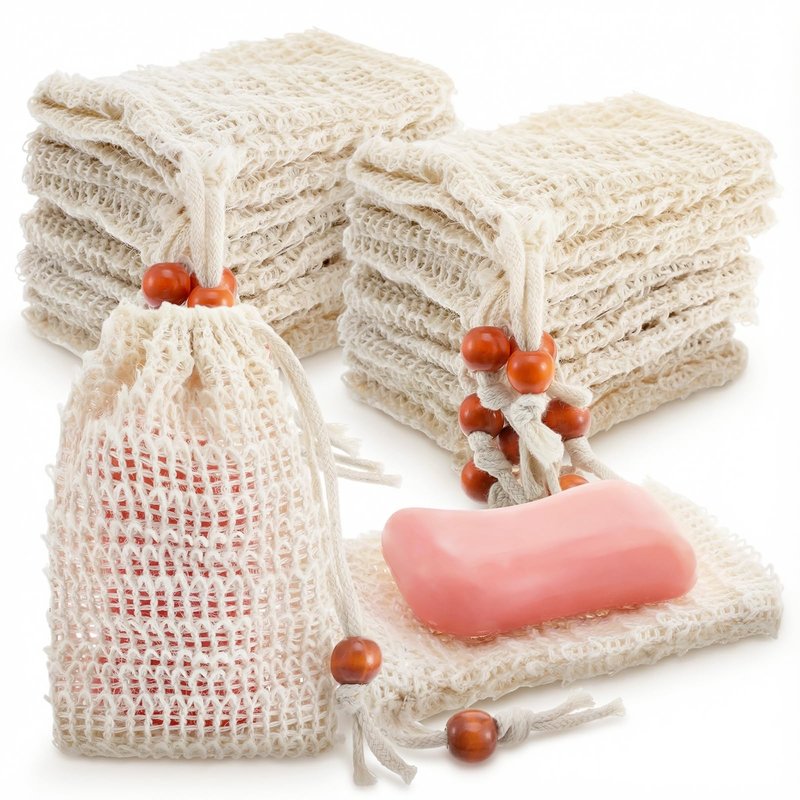 60 Pack Mesh Soap Saver Bags, 5.3 x 3.7 Inch Natural Sisal Exfoliating Soap Pouch Holder with Drawstring for Lathering, Drying, and Shower Use, Beige