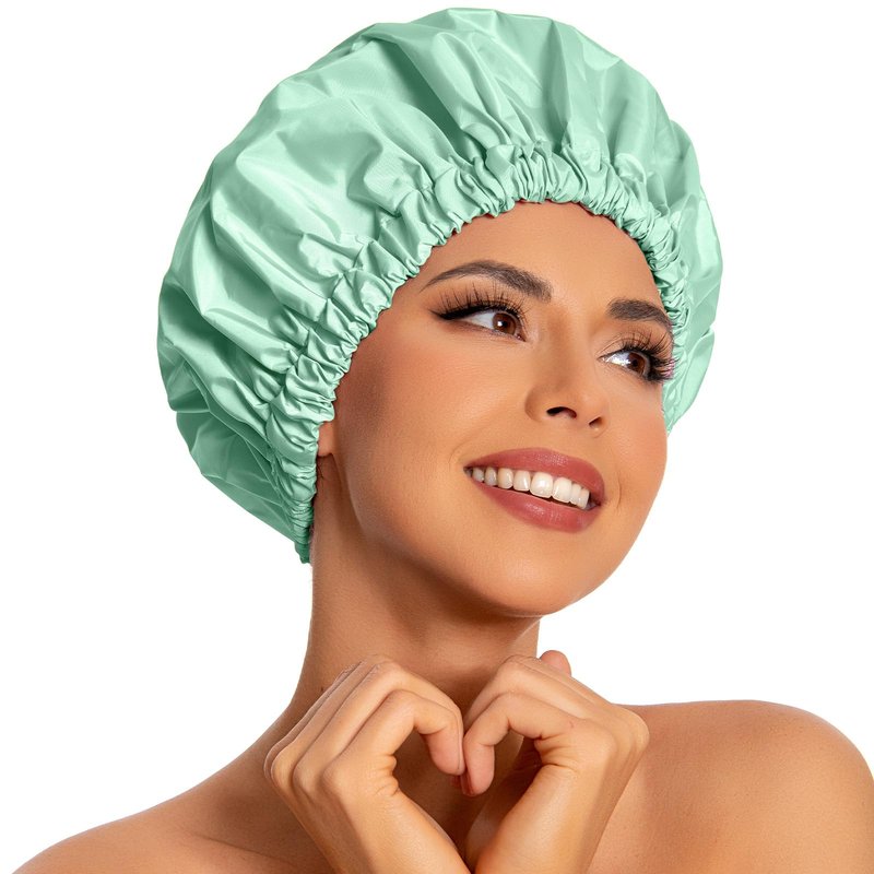 Reusable Shower Cap for Women, Large Waterproof Shower Bonnet with Elastic Band, Washable Bath Hair Cap for Long, Curly Hair, Braids, Daily Shower, Home Spa, Travel(Green Bean)