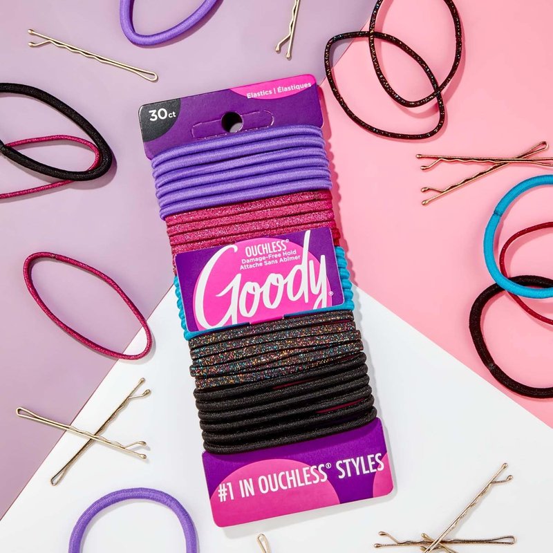 Goody Ouchless Women's Elastic Hair Ties - 30 Count, Assorted Glitter/Multi - 4MM for Medium Hair - Long-Lasting Braids, Ponytails, and More - Pain-Free Hair Accessories (Packaging May Vary)