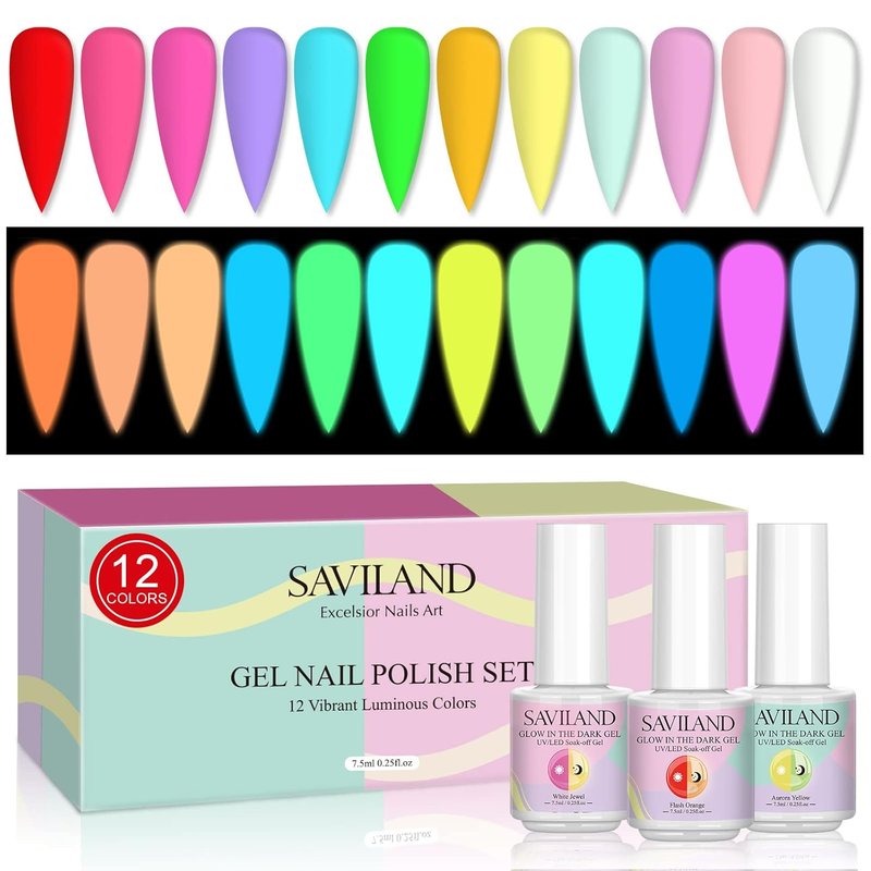 SAVILAND Glow in The Dark Gel Nail Polish Set | 12 Luminous Neon Colors for DIY Nail Art