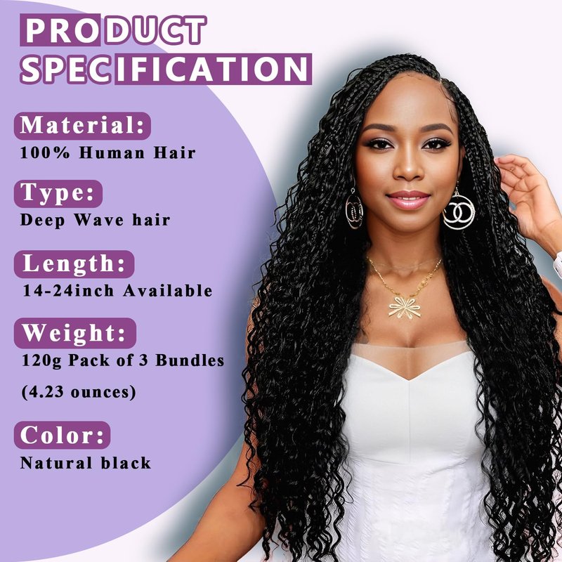Afihond Human Braiding Hair for Boho Braids 120g Deep Water Wave Bulk Human Hair for Braiding No Weft 12A Wet and Wavy Curly Human Hair Extensions 3 Bundles/Pack Natural Color 18 Inch