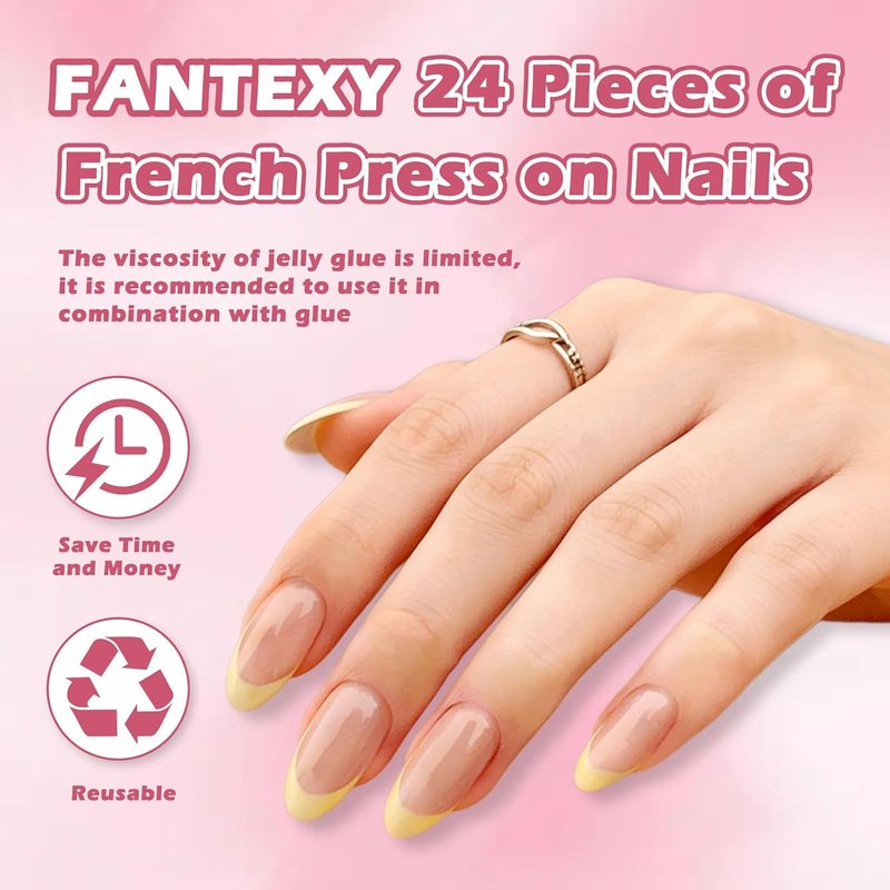 FANTEXY French Tip Press on Nails Kit Short Almond Nail Tips Soft Gel,Reusable Stick On Nails in 12 Sizes,24 Fake Nail Kit With Adhesive Tabs and a Rubbing Strip,French Tip Press ons Almond