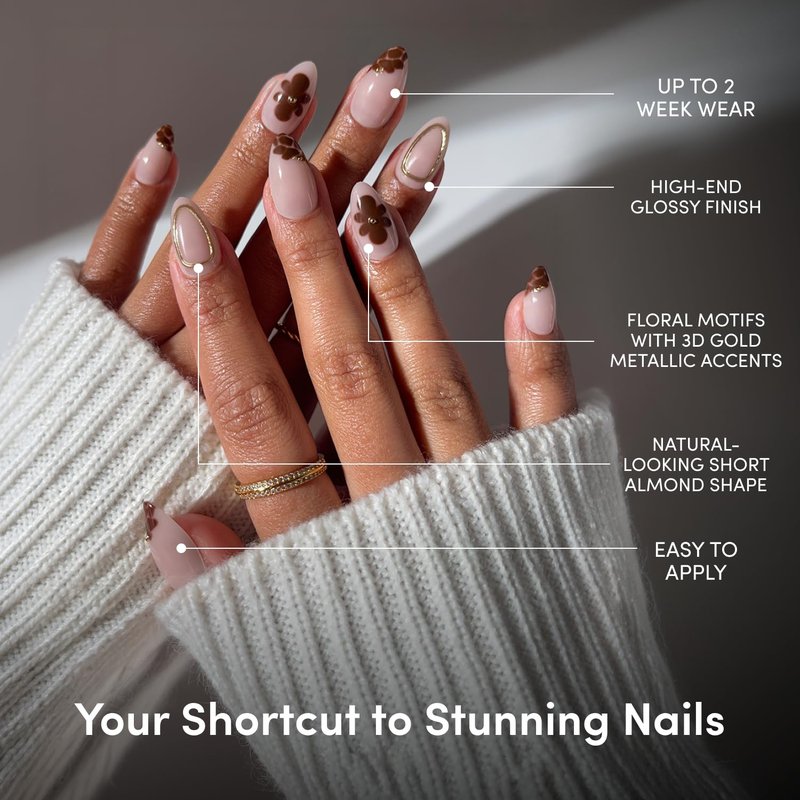 Glamnetic Press On Nails - Short Almond Floral Design Fake Nails | Glossy Finish, 30-Piece Kit with Glue - Perfect for Summer