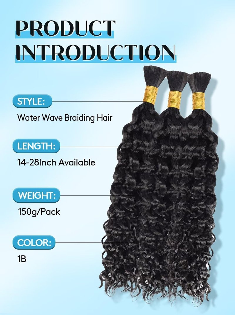 Boho Hair for Braiding, 24 Inch Curly Virgin Human Braiding Hair for Women, 12A Knotless Water Wave Bulk Bohemian Styles, 150g 3 Bundles Natural Black