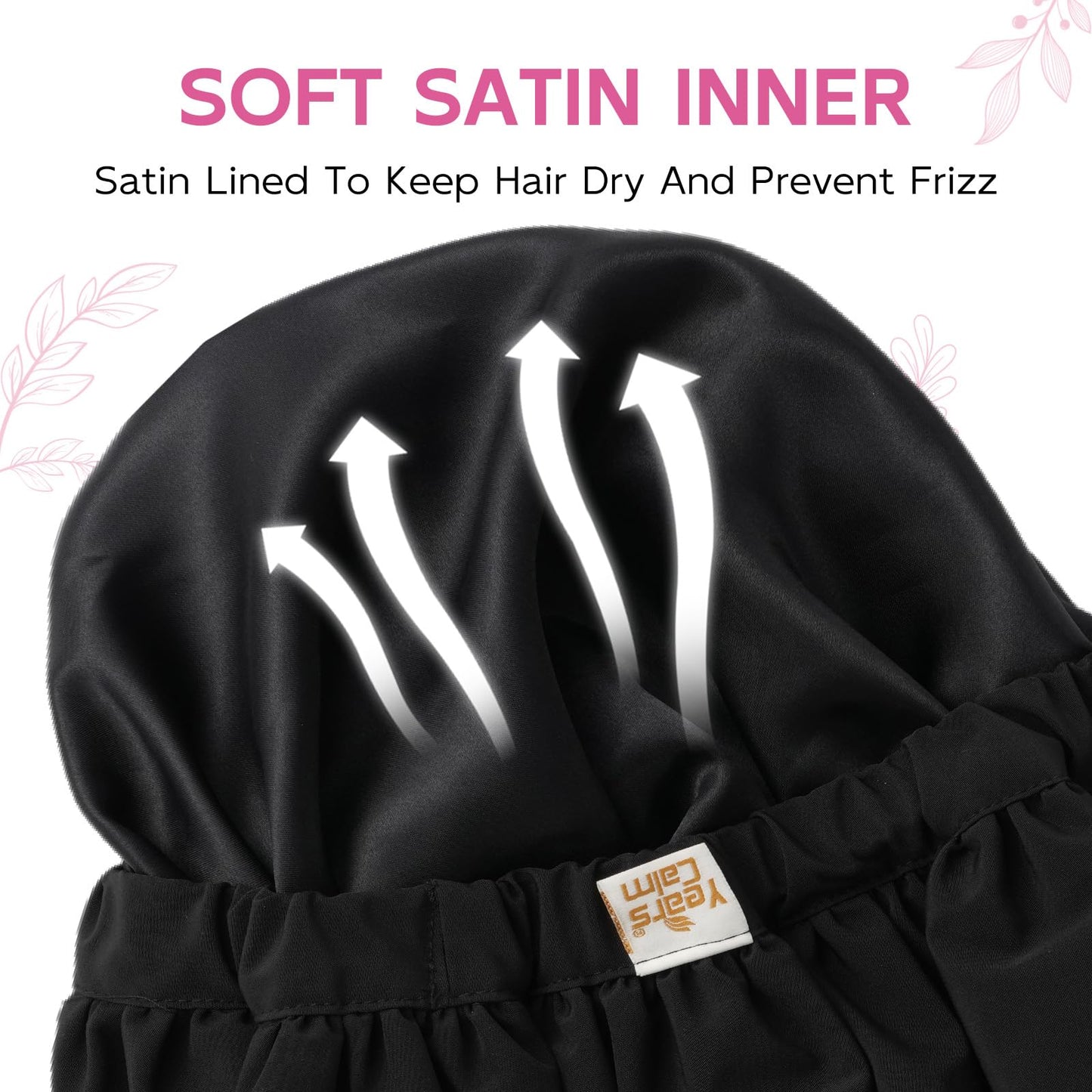 Years Calm Luxury Shower Cap for Women, Color Changing Shower Cap Reusable Waterproof, Flexi Satin Lined, Stylish Hair Cap for Shower, Washable Elastic Band Bath Cap for Long Hair, Braids (Black)