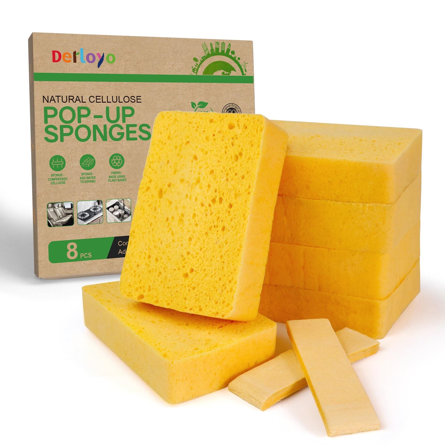 8-Count Pop Up Cellulose Sponges | Non-Scratch Eco-Friendly Kitchen Sponges for Dishes, Bathroom, Cars | Tear-Resistant Natural Scrub Sponges | Biodegradable Compostable Cellulose