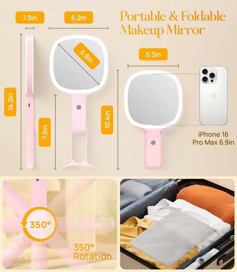 Gospire Travel Vanity Mirror - 6.8" 3-in-1 Dual-Sided LED, 1X/10X Magnification | Pink Velvet Pouch