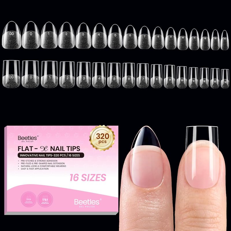 Beetles Gel Nail Tips - Almond Square Short Flat-X, 320pcs | Pre-Etched Half Matte Acrylic Press-On Nails for Easy DIY Extensions