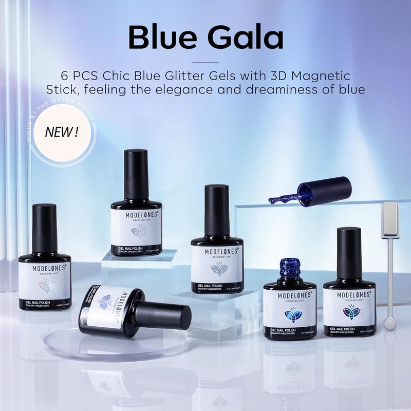 modelones Gel Nail Polish Set, 6 Colors Summer Icy Blue Collection Glitter Gel Polish Galaxy White Dark Blue 9D Cat Eye Nail Polish with Magnet Soak Off Led Nail Art Kit Salon DIY Gift