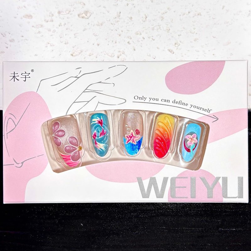 30 Pcs Summer Beach Press On Nails Almond Shape - Ocean Theme Handmade Fake Nails with Seashell Starfish Decor, Reusable Acrylic False Nails for Women Wedding Party Vacation