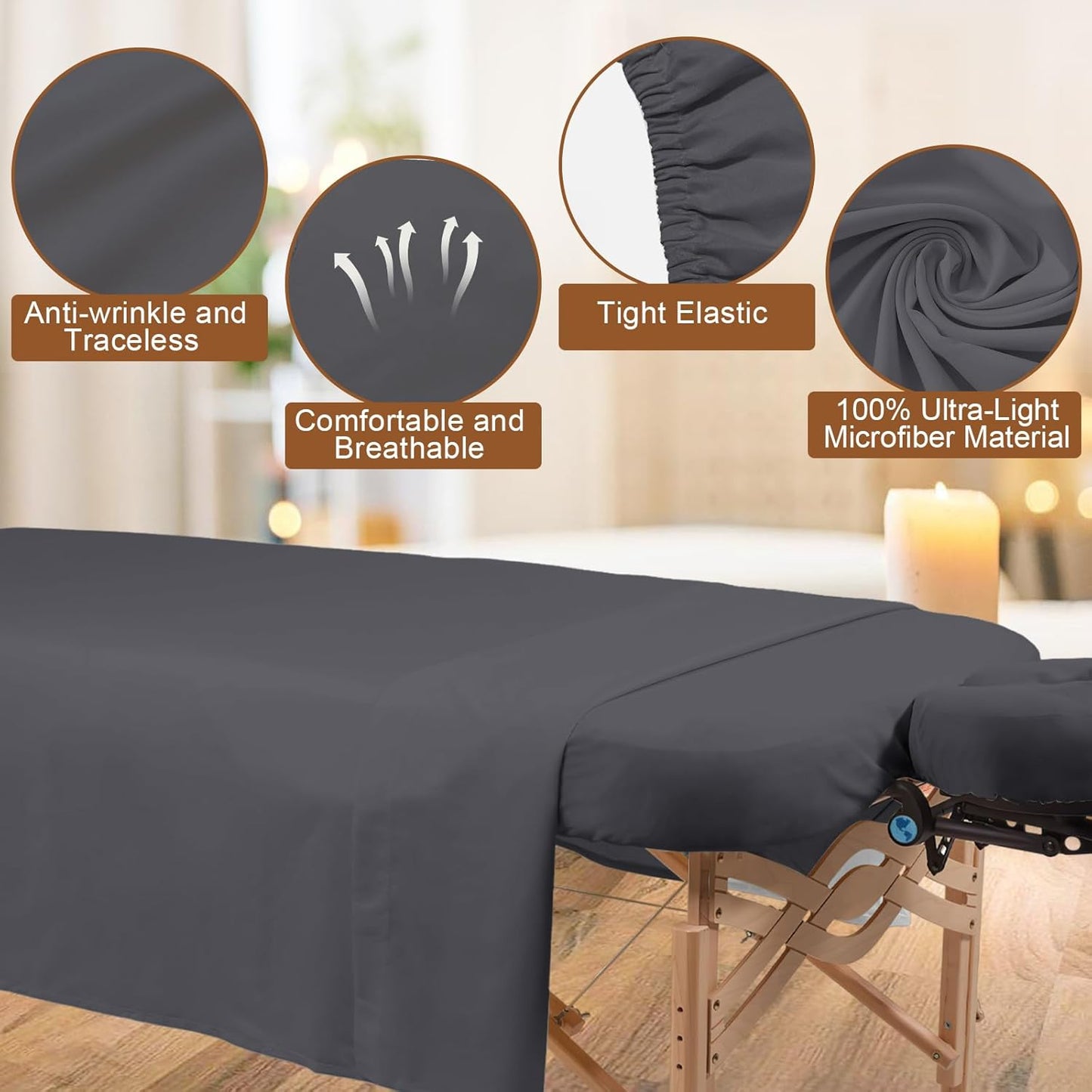 Skiennix Premium Microfiber Massage Table Sheets - 3-Piece Set with Fitted Cover & Face Rest - Grey