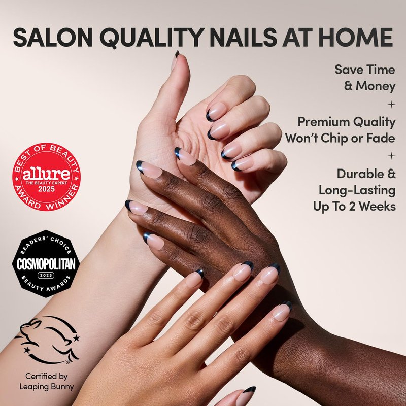 Glamnetic Press On Nails - Short Round Fake Nails, Black French Tip Nails, Onyx Glaze | 12 Sizes - 30 Nail Kit with Glue