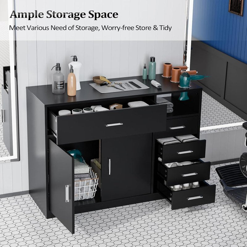 OmySalon Free Standing Salon Station - Barber Styling Cabinet with 5 Drawers & 3 Dryer Holders | Black