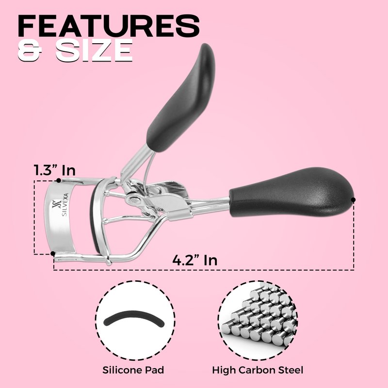 SILVEXA Eyelash Curler with Comfort Grip – Professional Stainless Steel Lash Curler with Soft Silicone Pads | No-Pinch, Long-Lasting Curl for All Eye Shapes | Ergonomic Handle Makeup Tool (Black)