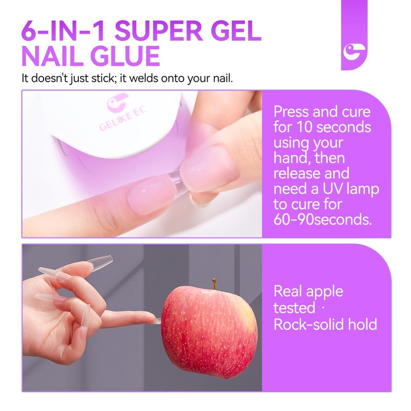 Gelike EC Gel Nail Glue for Press Ons: 6 in 1 Strong UV Nail Glue for Nail Tips and Acrylic Nail - Long Lasting 28 Days Hold Quick UV Cure - Hema Free Formula for Beginner Friendly DIY for Home Salon