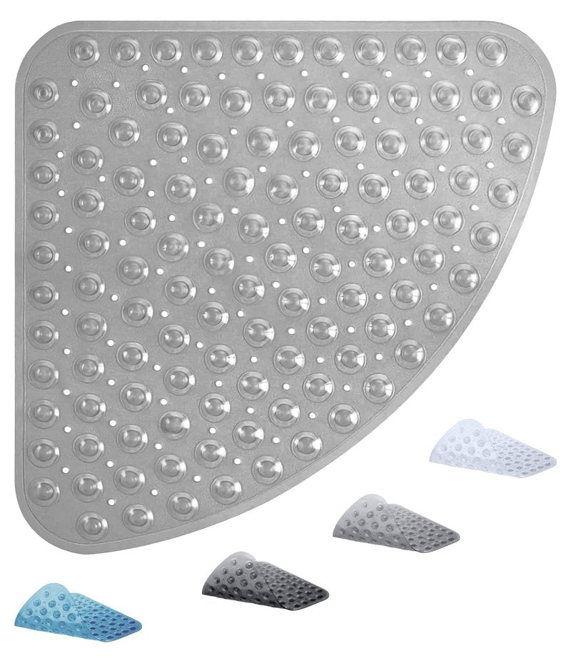 ADOV Corner Shower Mat Non Slip, 21x21 inch Curved Shower Mats for Inside Shower, Anti-Slip Bath Mat with Strong Suction Cup, Drain Holes, Machine Washable, Ideal for the Elderly (Grey)