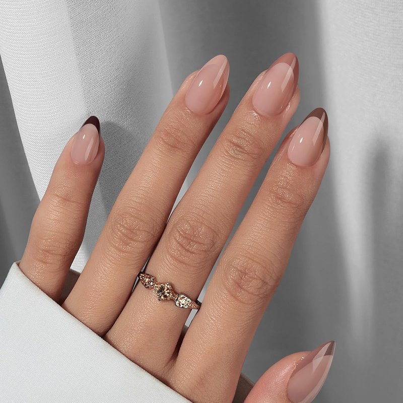 Press On Nails - Short Almond French Tip Design | Reusable Gel Nail Kit with Natural Glue - 32 Pieces in Morning Coffee