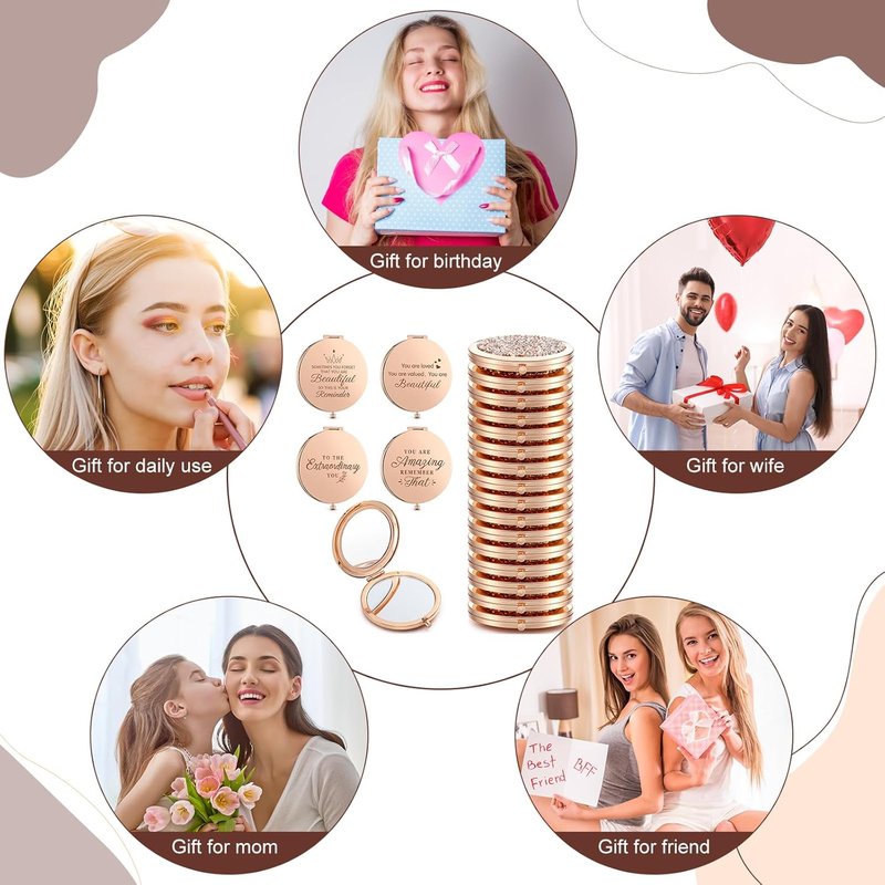 Roowest 16 Pack Metal Rhinestone Compact Mirrors - Inspirational Rose Gold Magnifying Purses