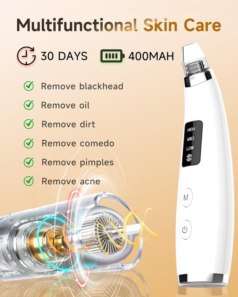 Blackhead Remover Vacuum - Type-C Rechargeable Pore Cleaner with 3 Suction Levels & 6 Probes | Face & Nose Comedone Extractor Tool (White)