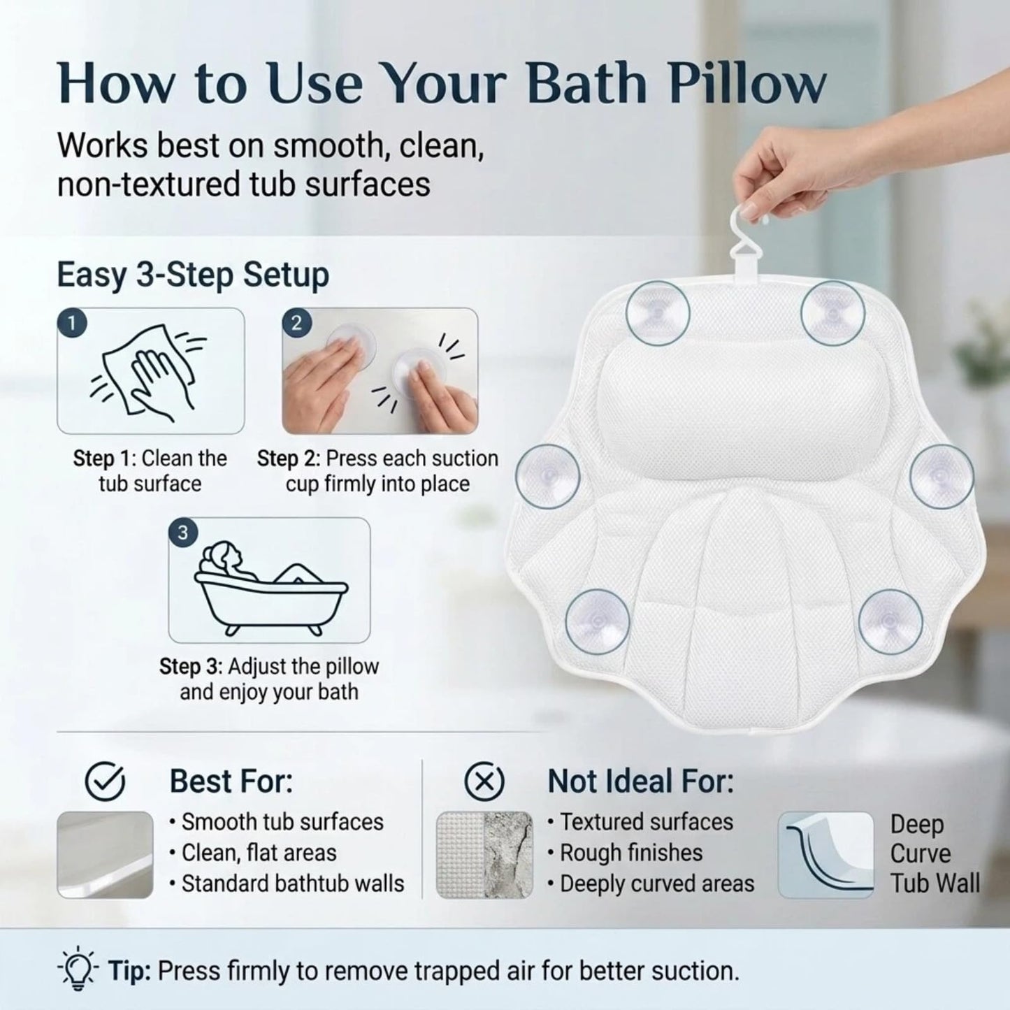 Bath Pillow for Tub, Bathtub Pillow for Head, Neck and Back Support, 4D Air Mesh Spa Bath Pillow with 6 Suction Cups, Machine Washable with Laundry Bag