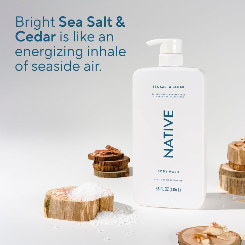 Native Body Wash for Women & Men, Sea Salt & Cedar, 36 oz Pump Bottle, Sulfate-Free & Gentle