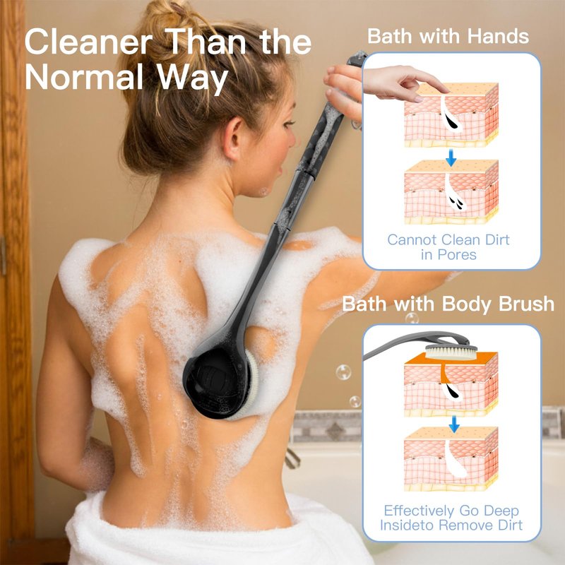 Back Scrubber for Shower, 20.4” Long Handle Shower Back Brush with Removable Soft Bristle Head, Non-Slip Bath Brush for Body, Deep Exfoliating Back Washer for Men & Women