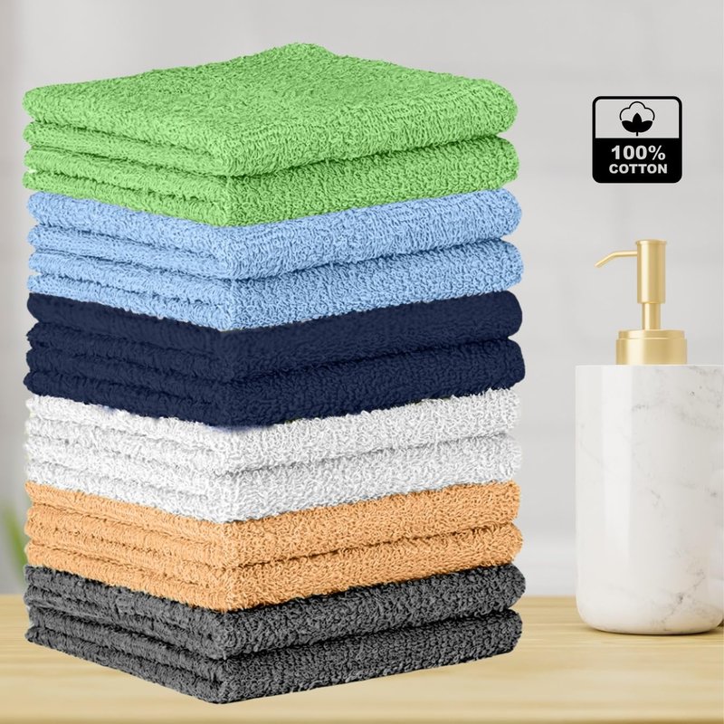 Towel and Linen Mart 100% Cotton - Wash Cloth Set - Flannel Face Cloths, Highly Absorbent and Soft Feel Fingertip Towels (Multi 12, Pack of 12)