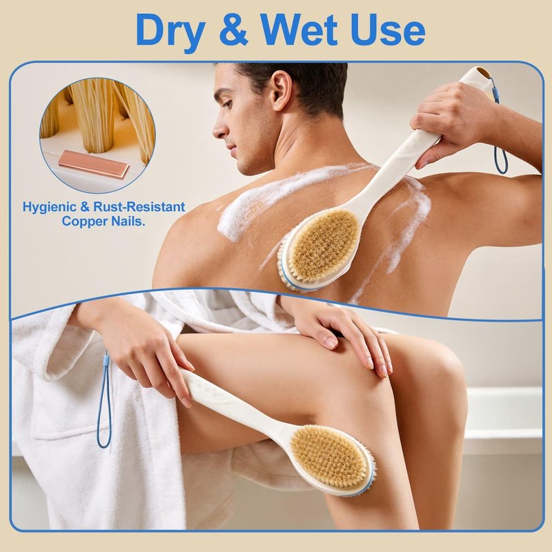 BUBBLEDANCE® Back Scrubber for Shower with Extendable Long Handle (17.5-31.9"), Dual-Sided Shower Brush with Natural Stiff & Soft Bristles, Anti-Slip Body Exfoliator for Bath & Dry Brushing