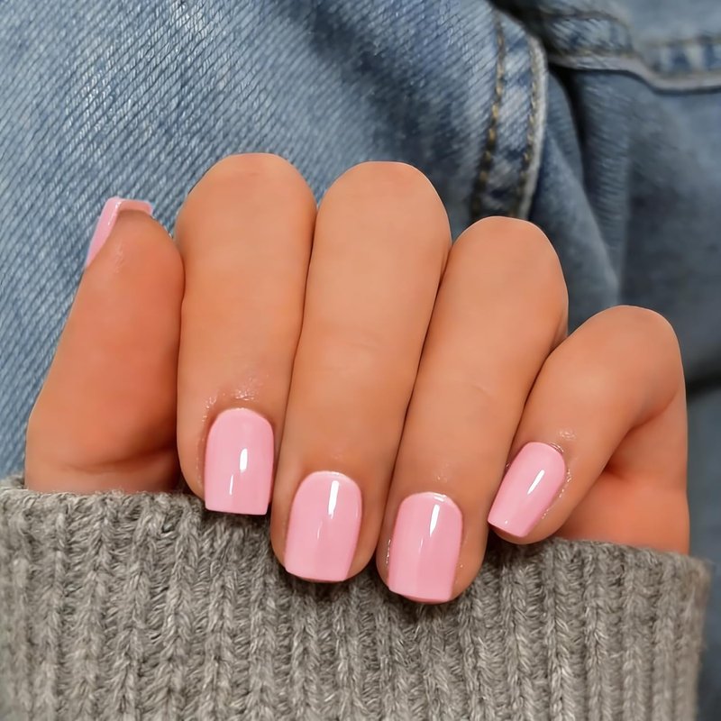 KQueenest Baby Pink Press On Nails Short Square, 30 Pcs Sturdy Reusable Fake Nails Kit with Nail Glue & Adhesive Tabs, Glossy Soft Gel Glue On Nails for Women, Beginners, At-Home Manicure